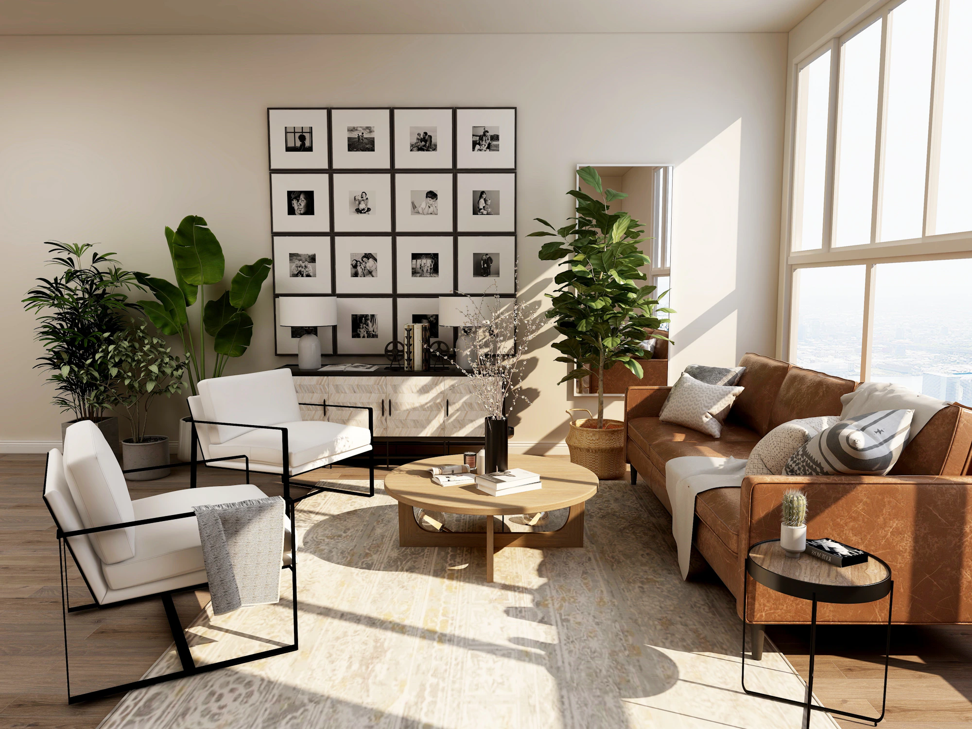 A light-filled living room with warm neutral walls
